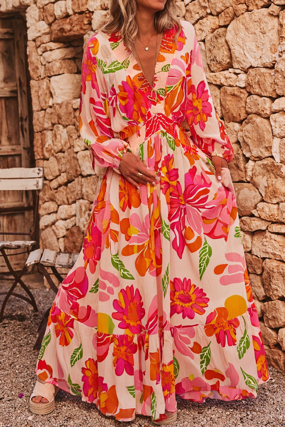 Floral V-Neck Puff Sleeve Maxi Dress
