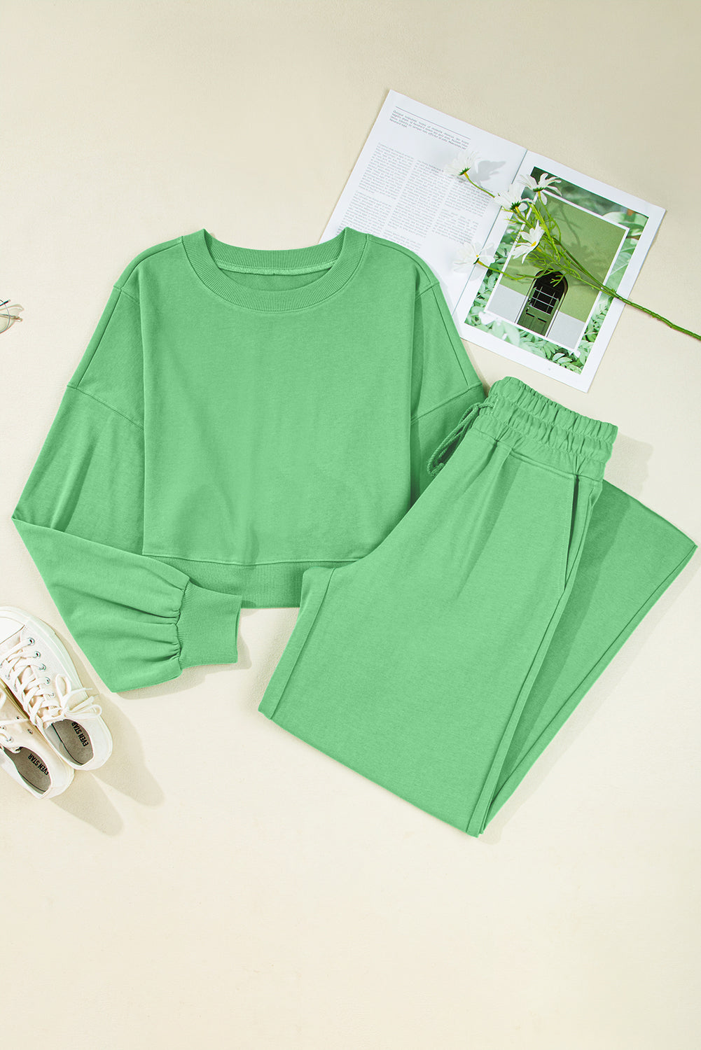 Solid Puff Sleeve Top and Drawstring Pants Set