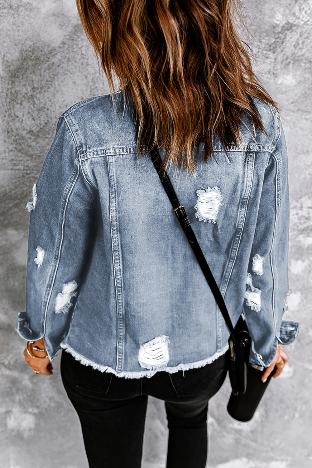 Denim Lapel Distressed Raw Hem Buttoned Jacket
