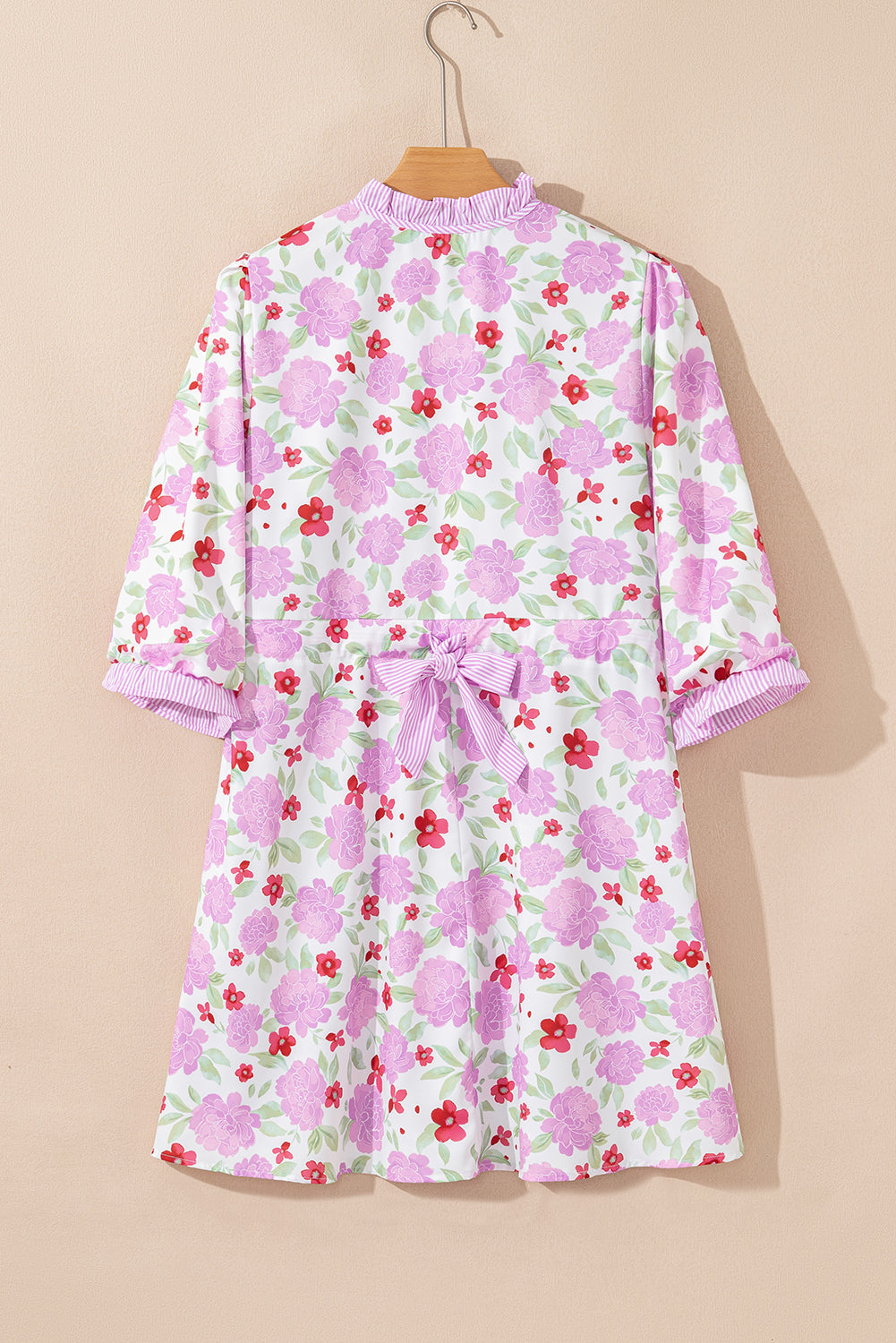 Floral Stripe Trim Frilled Neck 3/4 Sleeve Dress