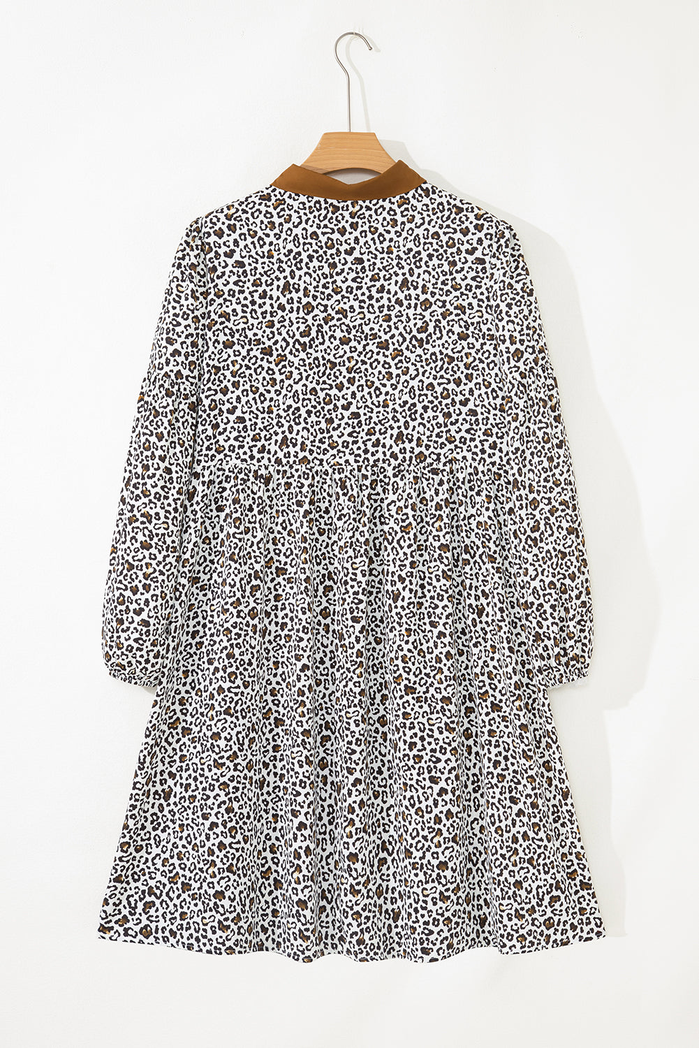 Plus Size Leopard Half-Button Collared Puff Sleeve Dress