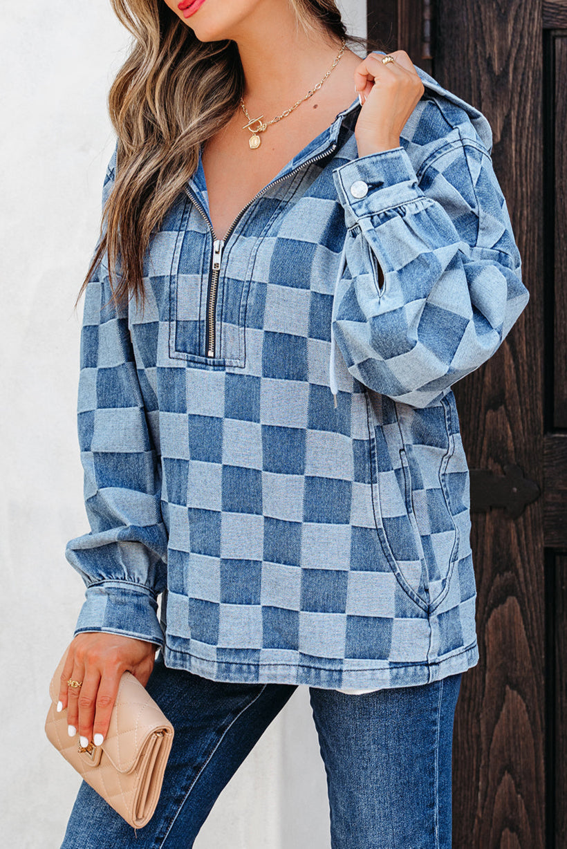 Checker Denim Half-Zip Pocketed Hoodie