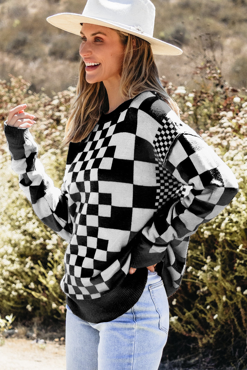 Checker Round Neck Drop Shoulder Sweater