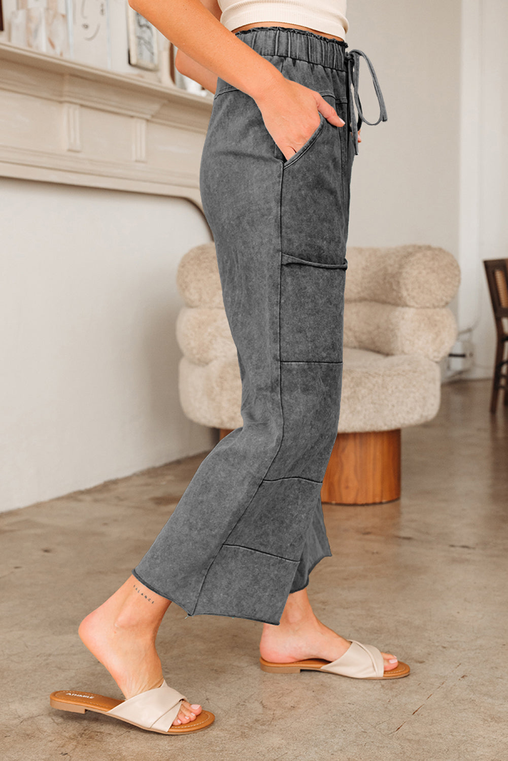 Mineral Wash High Waist Raw Hem Pants