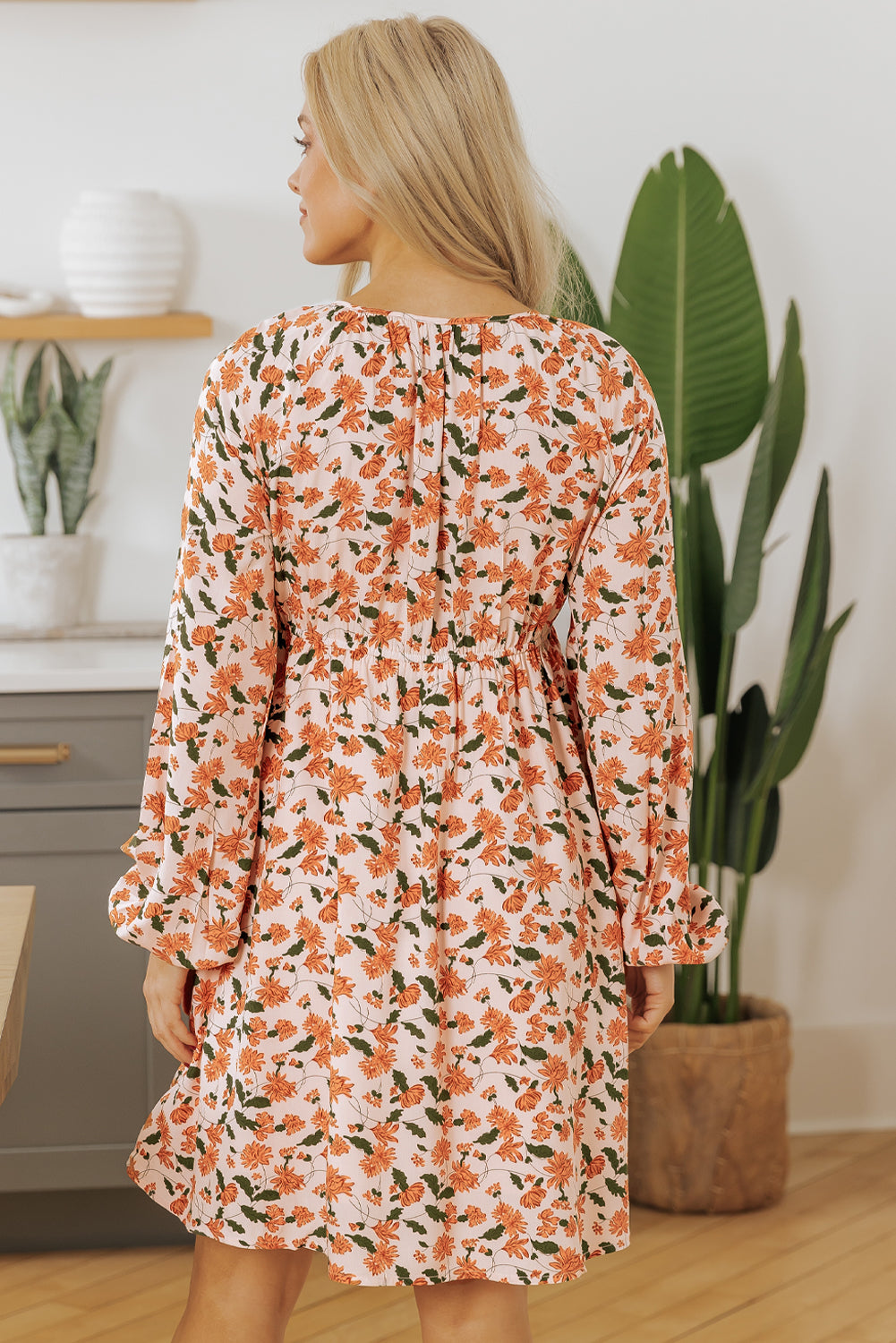 Floral Smocked V-Neck Bubble Sleeve Babydoll Dress