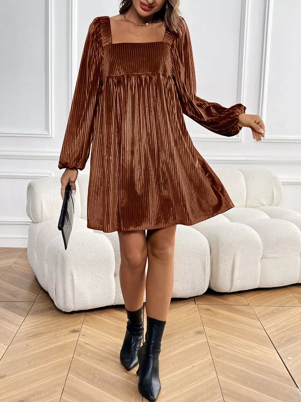 Velvet Square Neck Long Sleeve Dress