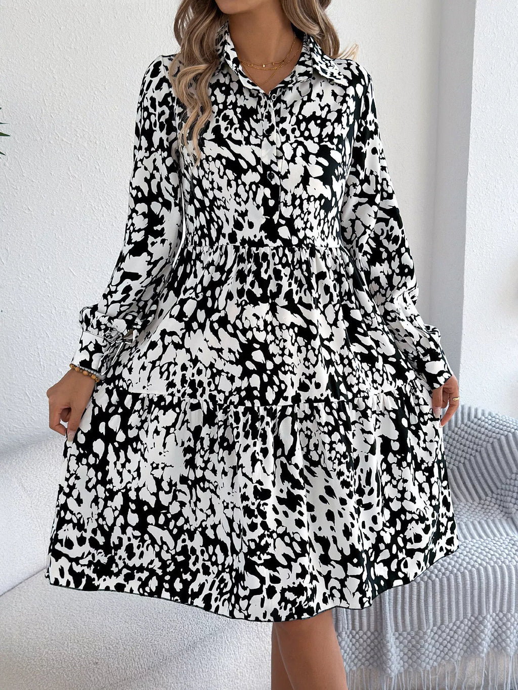 Printed Collared Neck Long Sleeve Dress