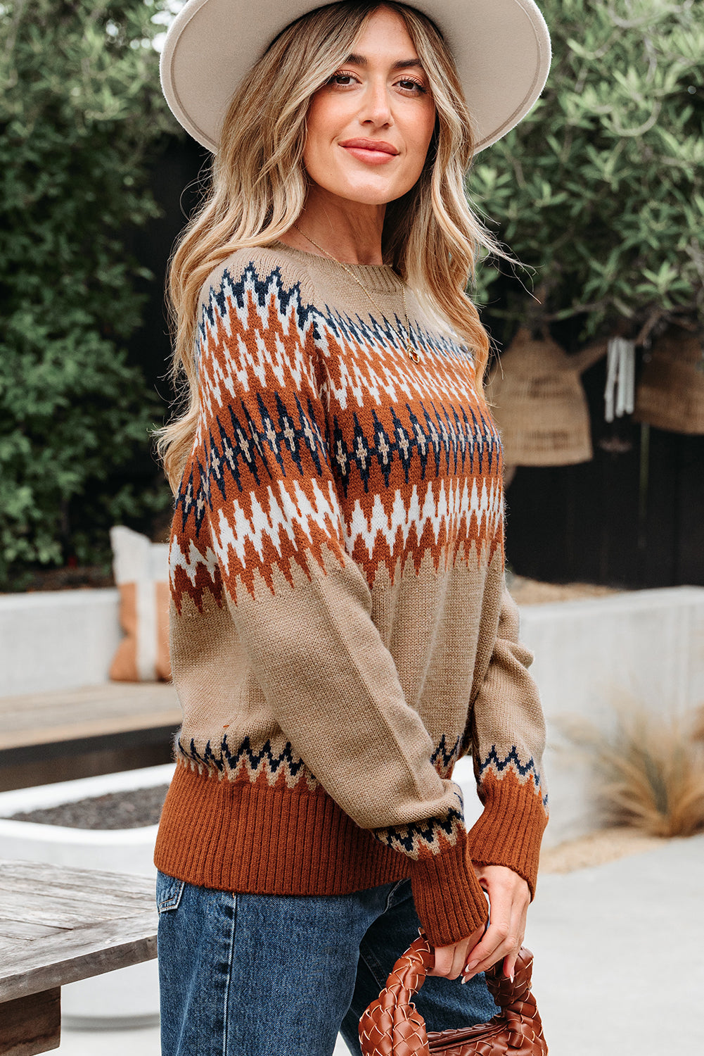 Western Aztec Geometric Colorblock Crewneck Sweater