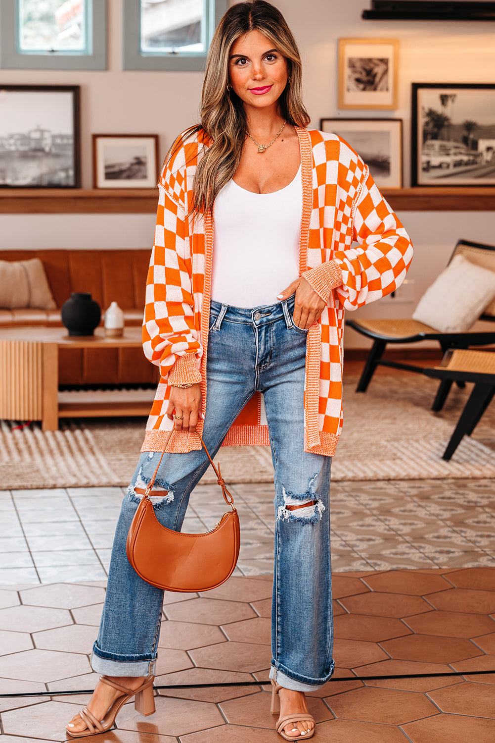 Checker Open Front Drop Shoulder Cardigan