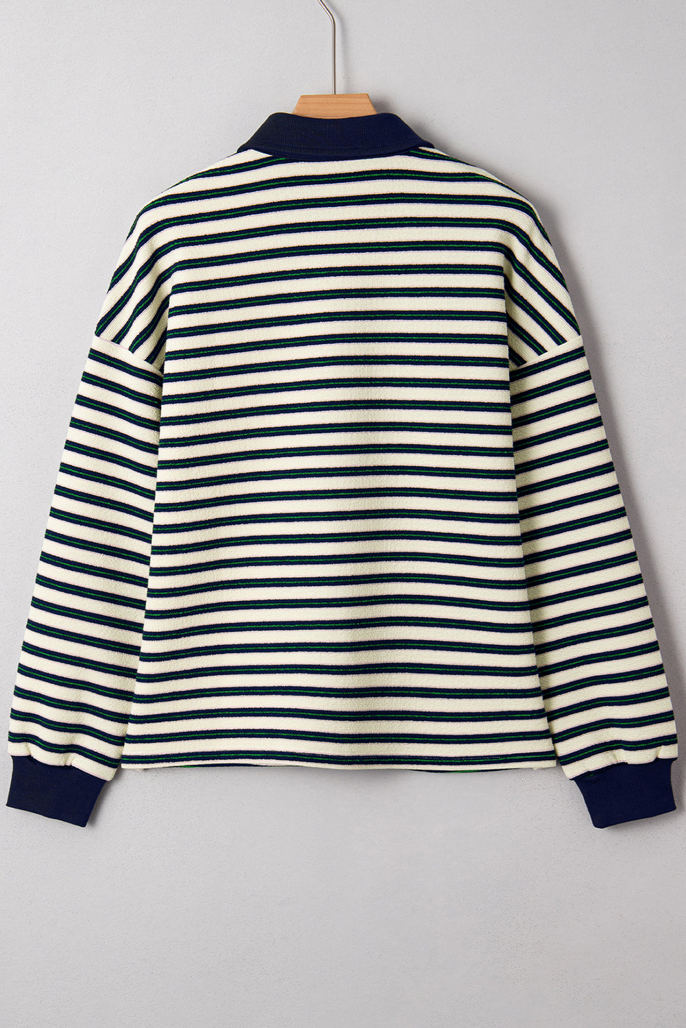 Stripe Contrast Trim Collared Zip Long Sleeve Top