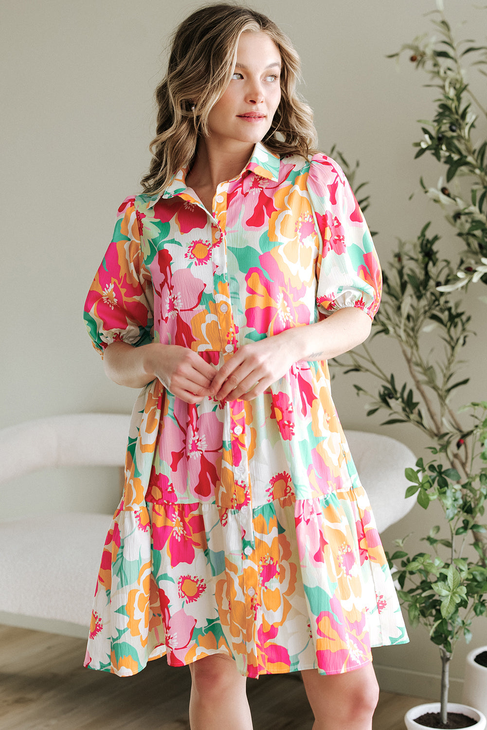 Floral Puff Sleeve Buttoned Collar Babydoll Dress