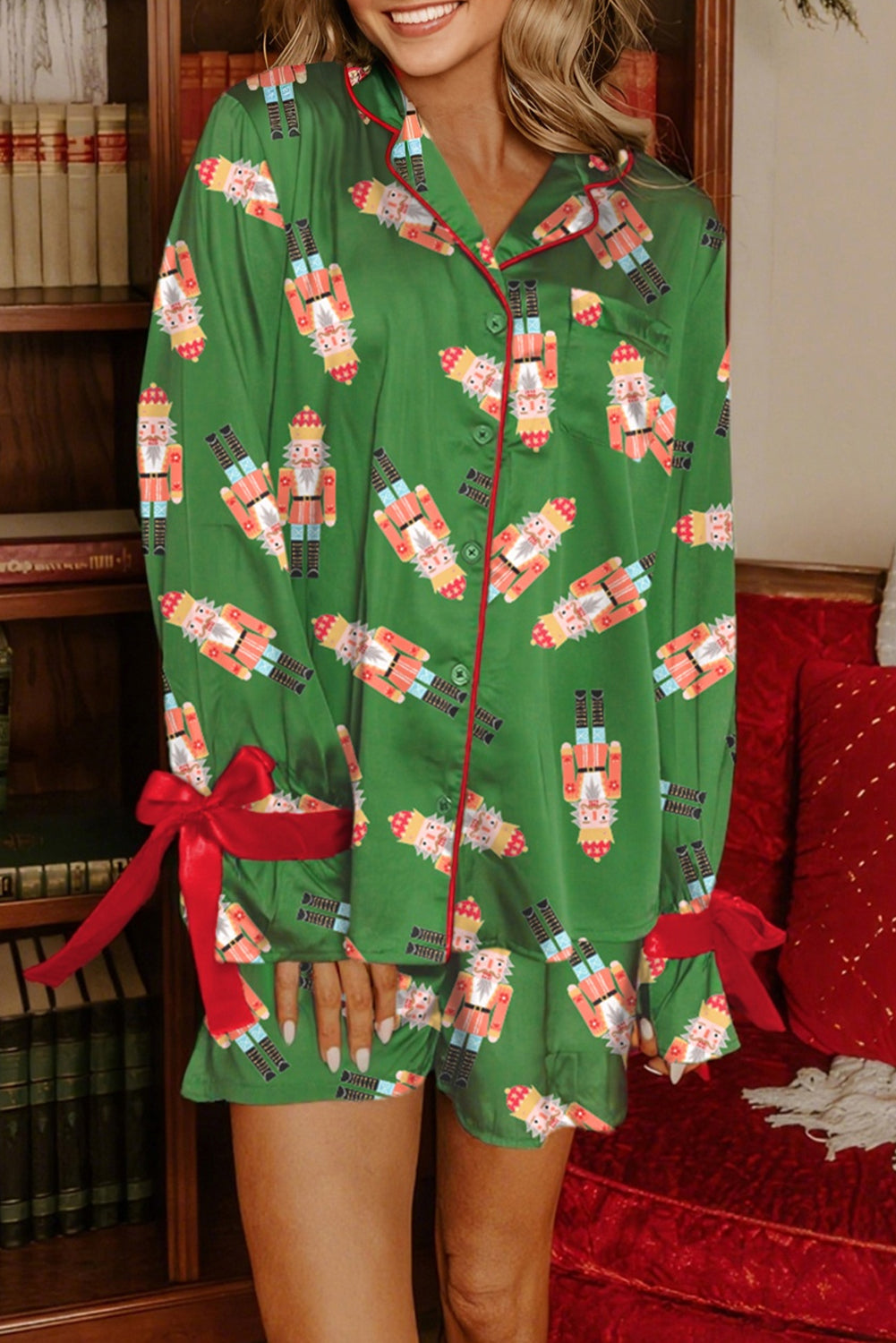 Christmas Bow Top and Ruffle Shorts Pajama Set
