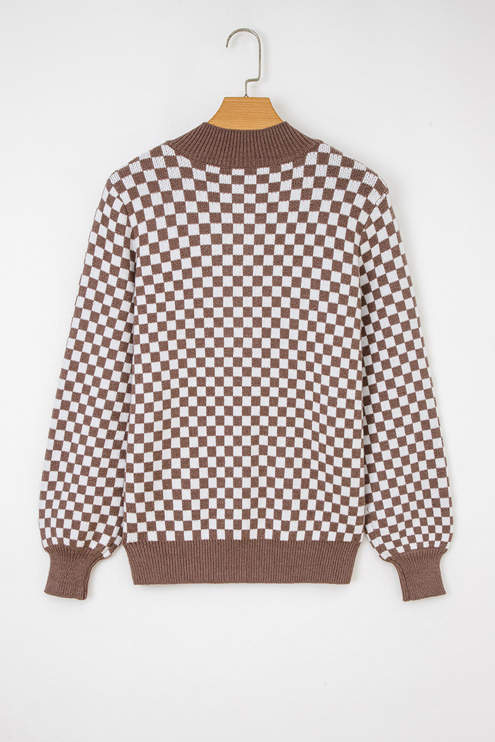 Checker Ribbed Trim Half-Button Sweater