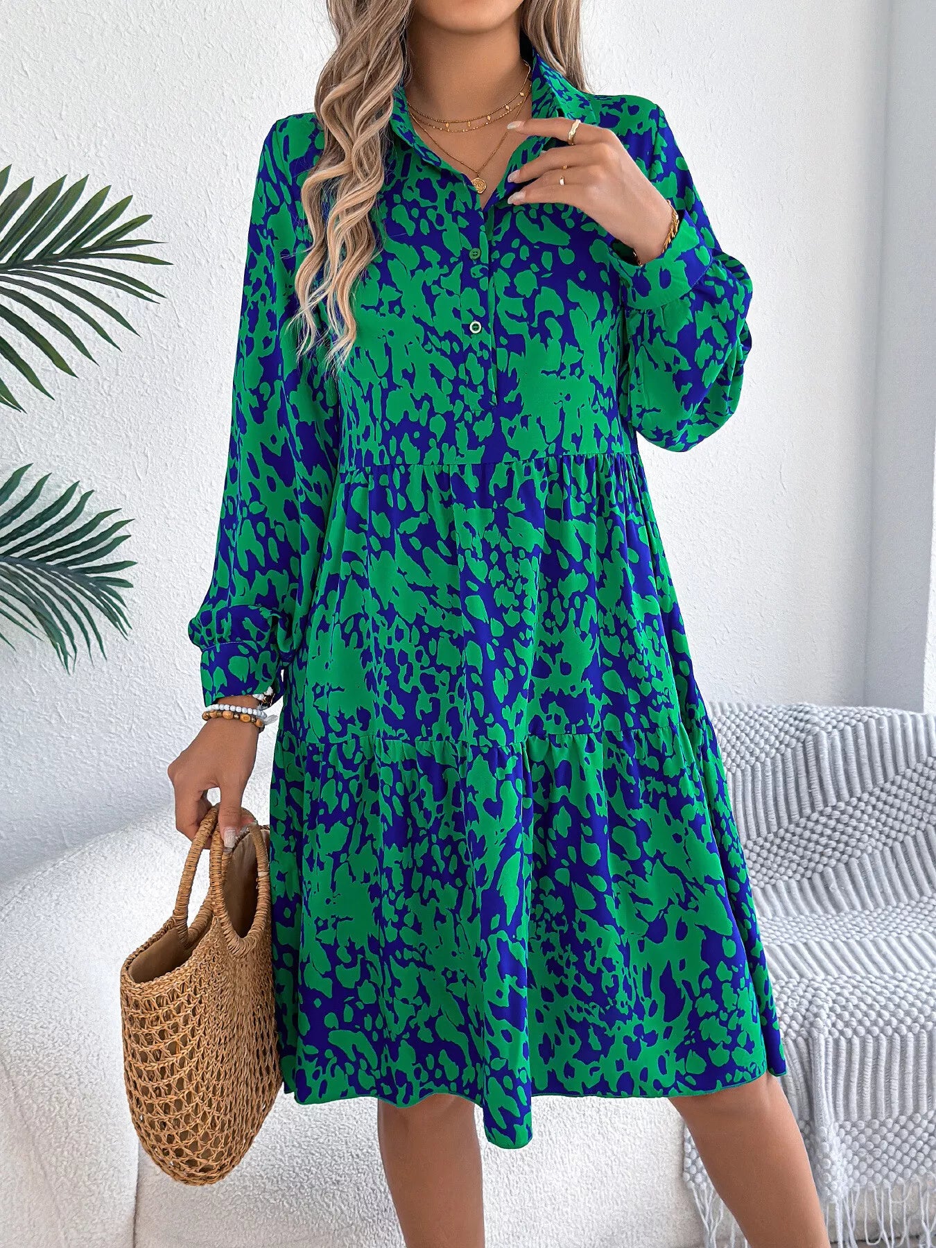 Printed Collared Neck Long Sleeve Dress