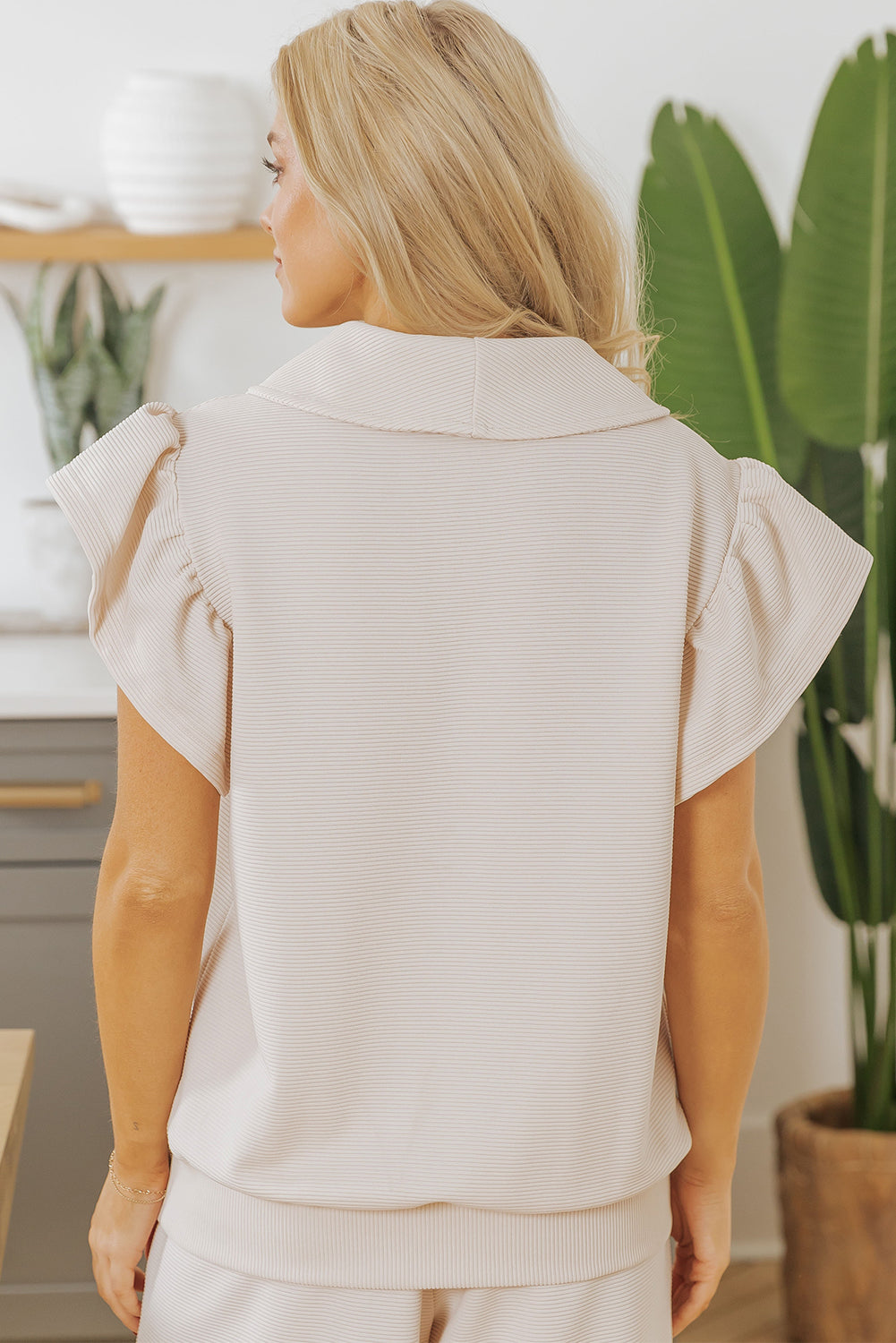 Textured Ruffle Half Zip Top and Pants Set