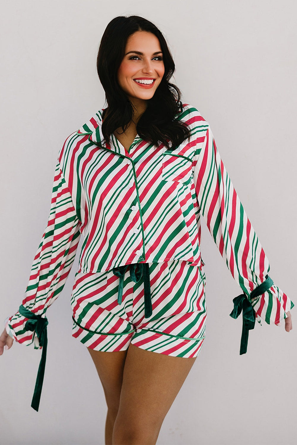 Christmas Stripe Velvet Bow Cuffs Pajama Set