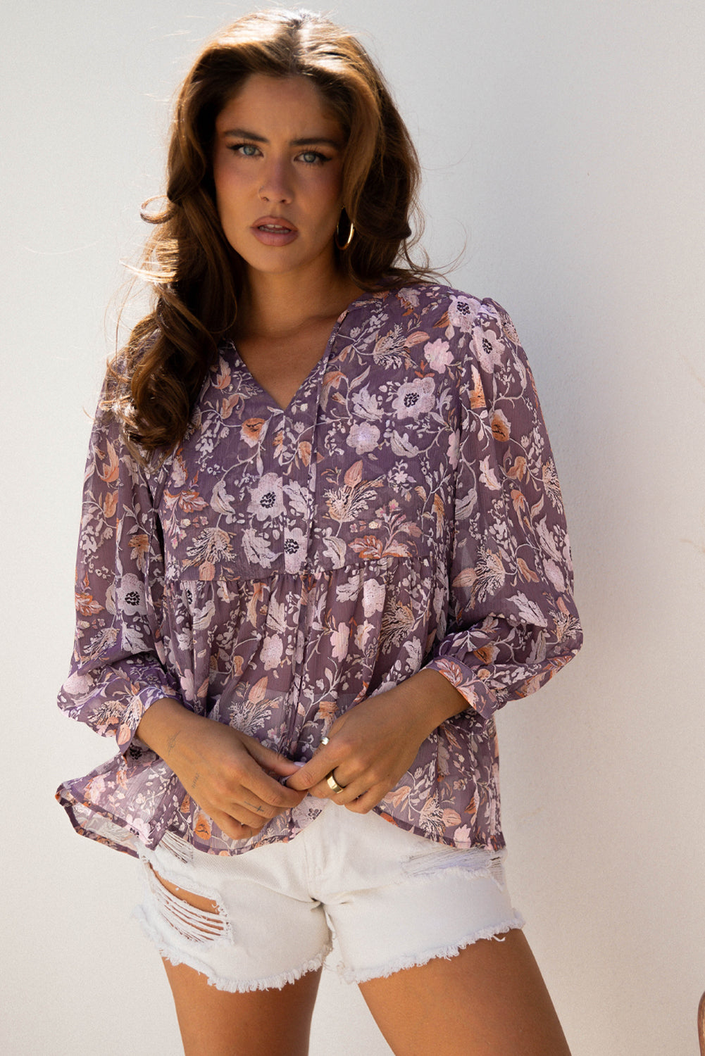 Boho Floral 3/4 Sleeve Babydoll Blouse