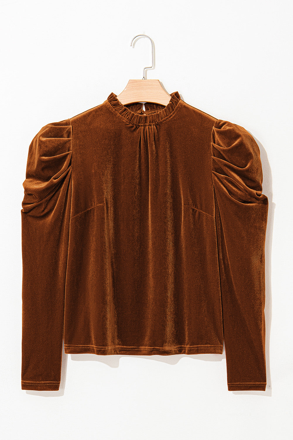 Velvet Frilled Neck Puff Sleeve Top