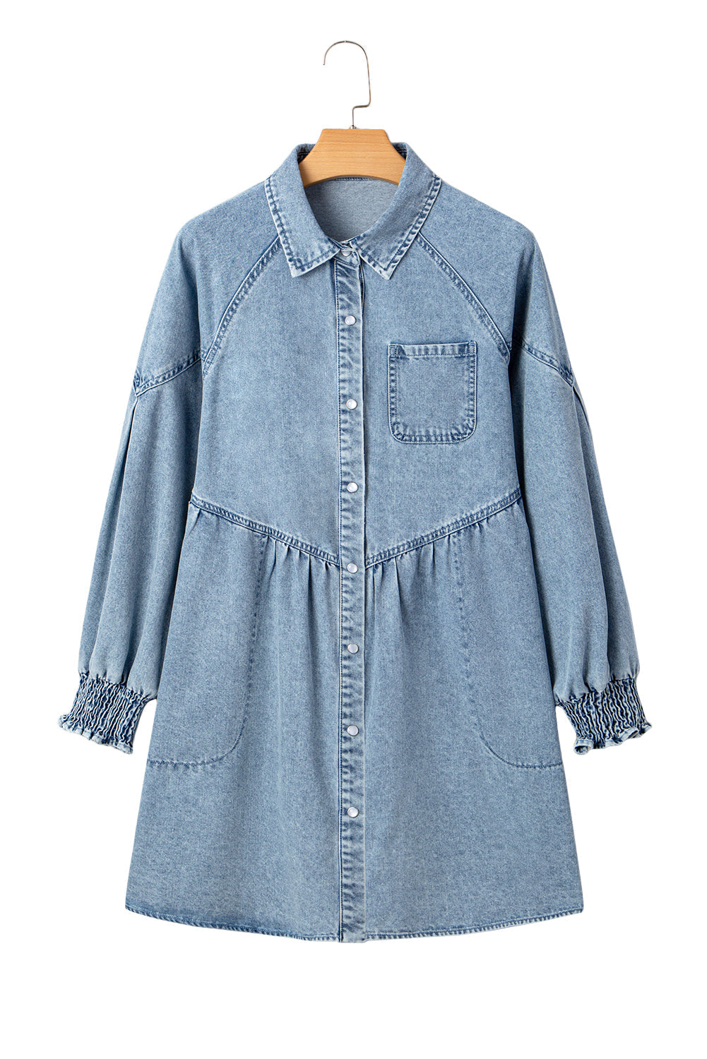 Denim Smocked Cuffs Shirt Mini Dress