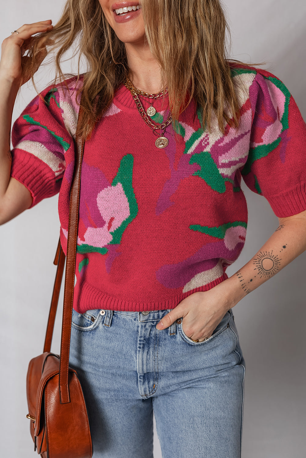 Floral Abstract Short Puff Sleeve Sweater