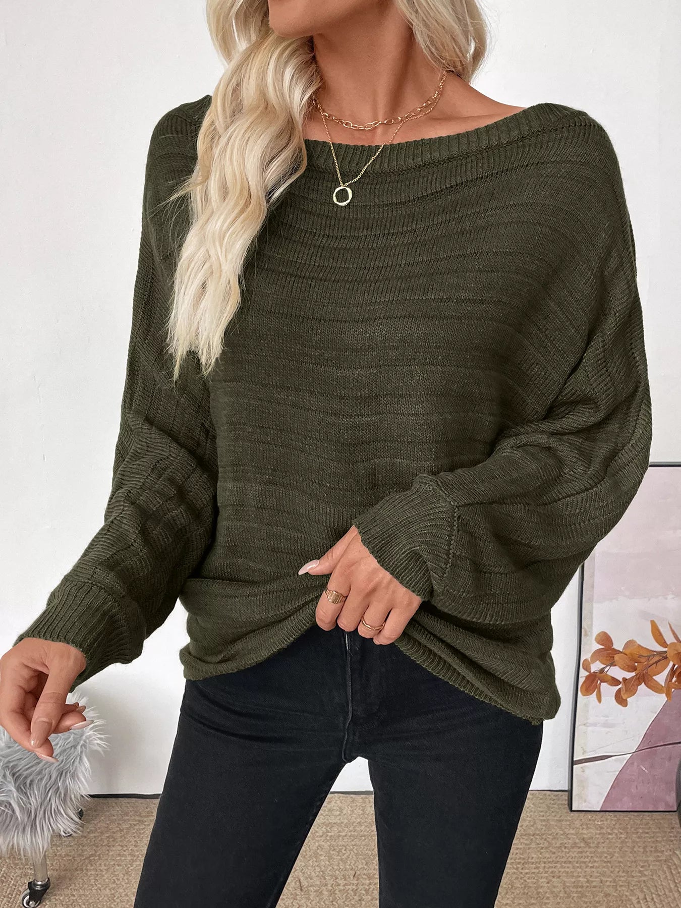 Boat Neck Ribbed Long Sleeve Sweater