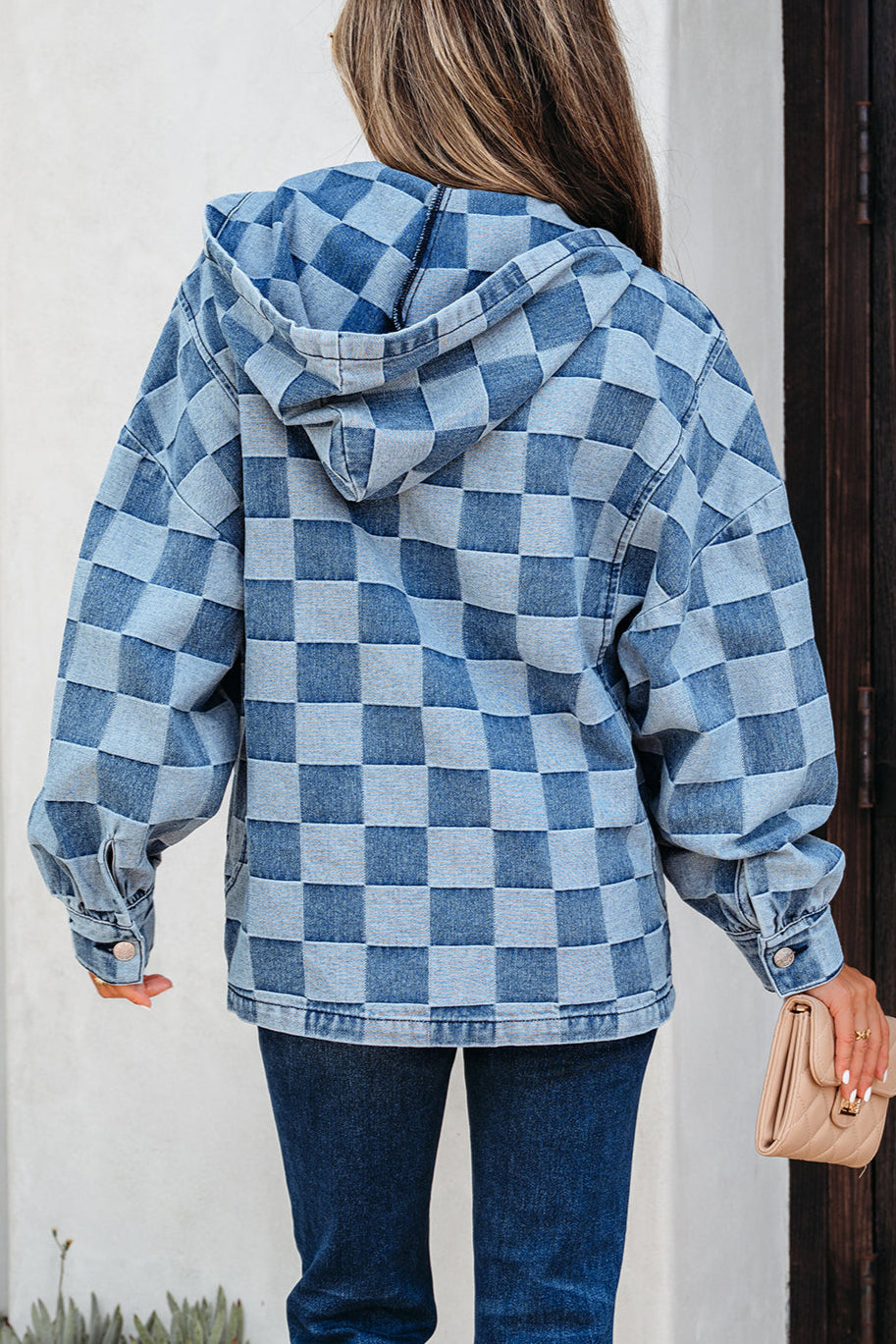 Checker Denim Half-Zip Pocketed Hoodie