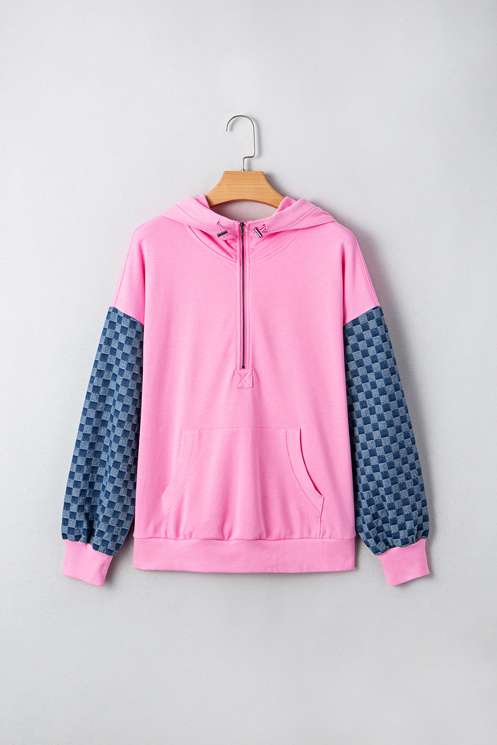 Checker Patchwork Kangaroo Pocket Half-Zip Hoodie