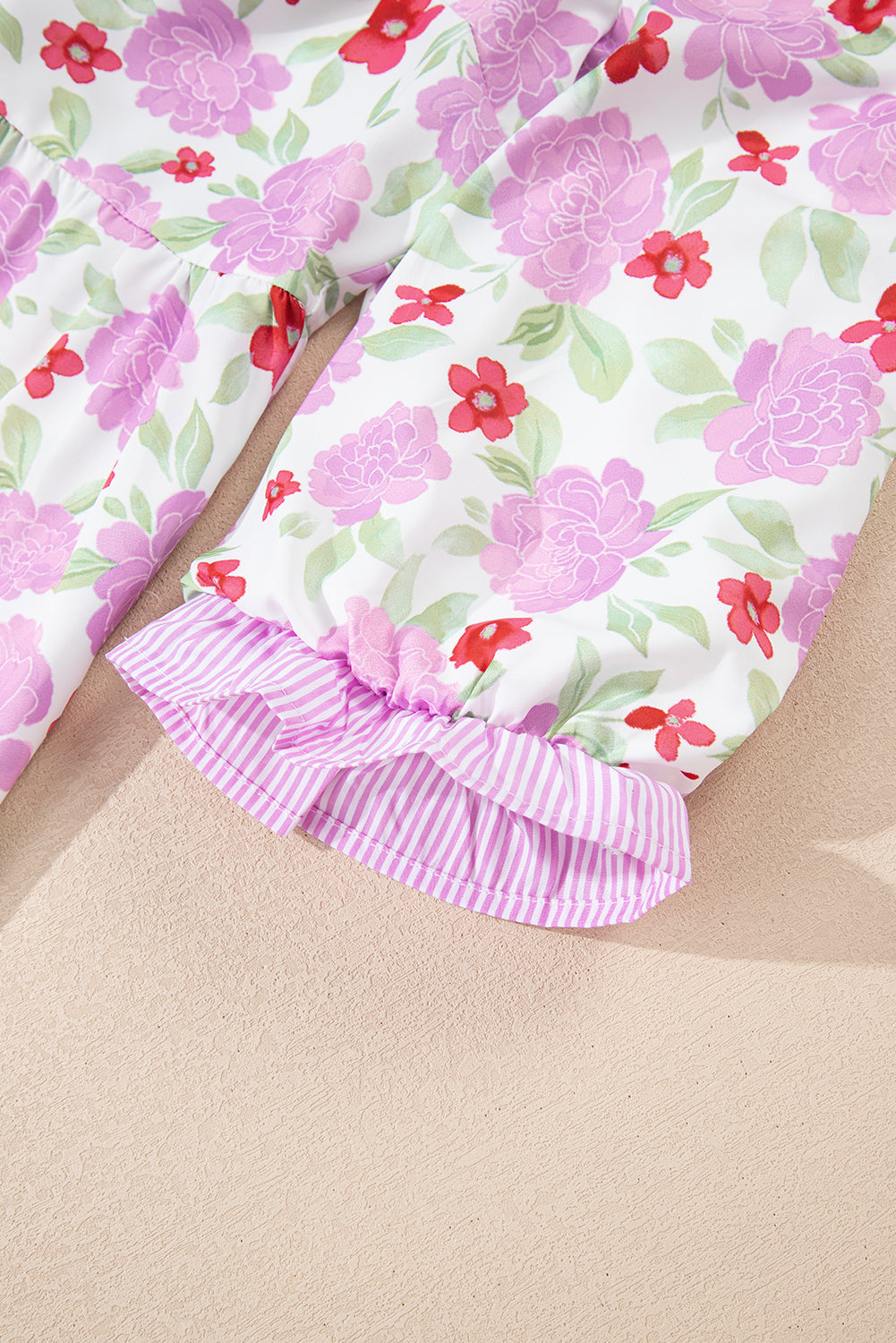 Floral Stripe Trim Frilled Neck 3/4 Sleeve Dress