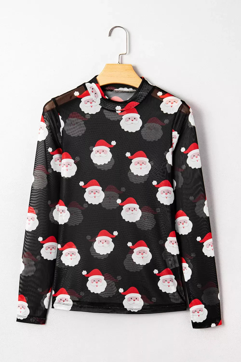 Christmas Santa Print Mesh Long Sleeve Top