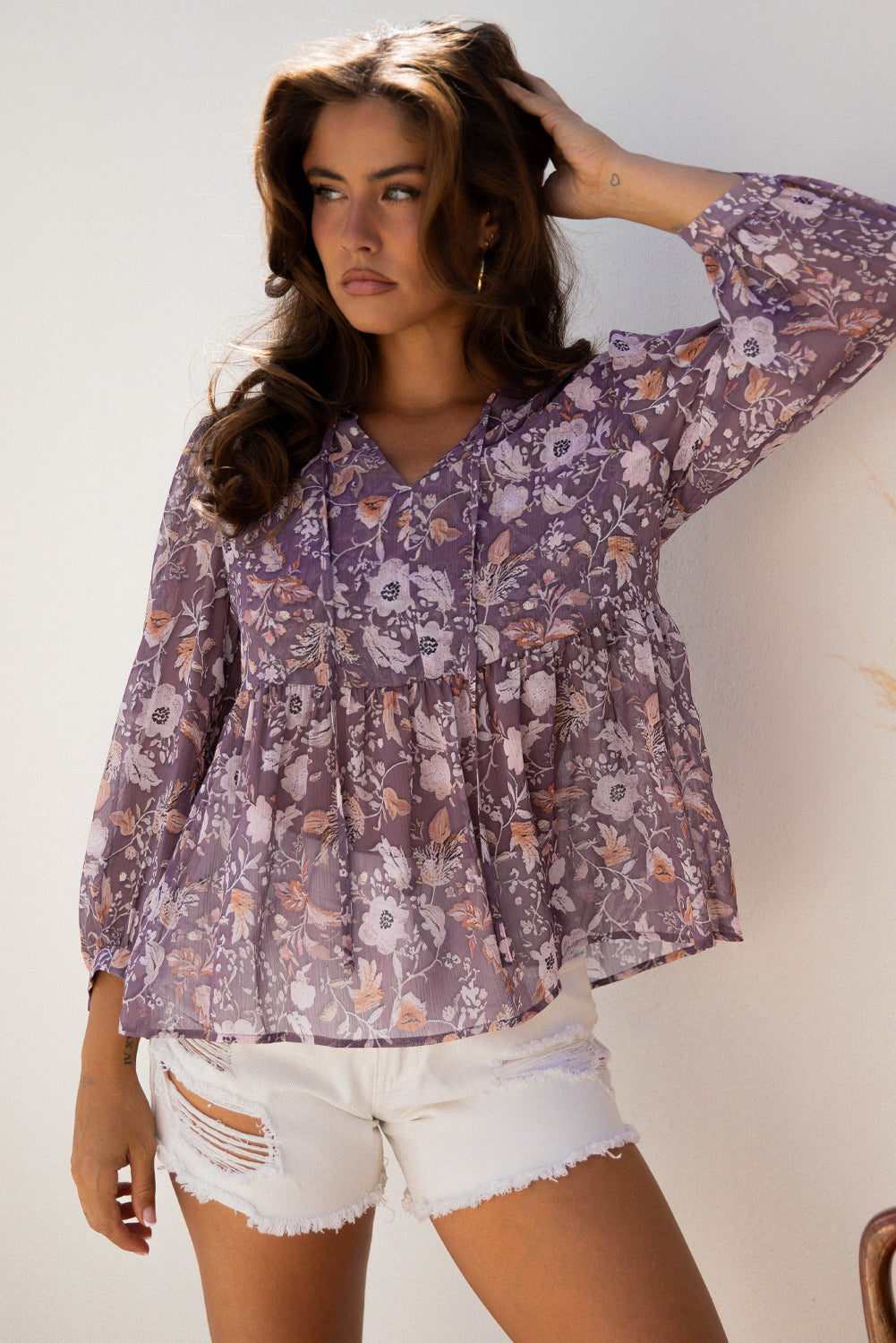 Boho Floral 3/4 Sleeve Babydoll Blouse