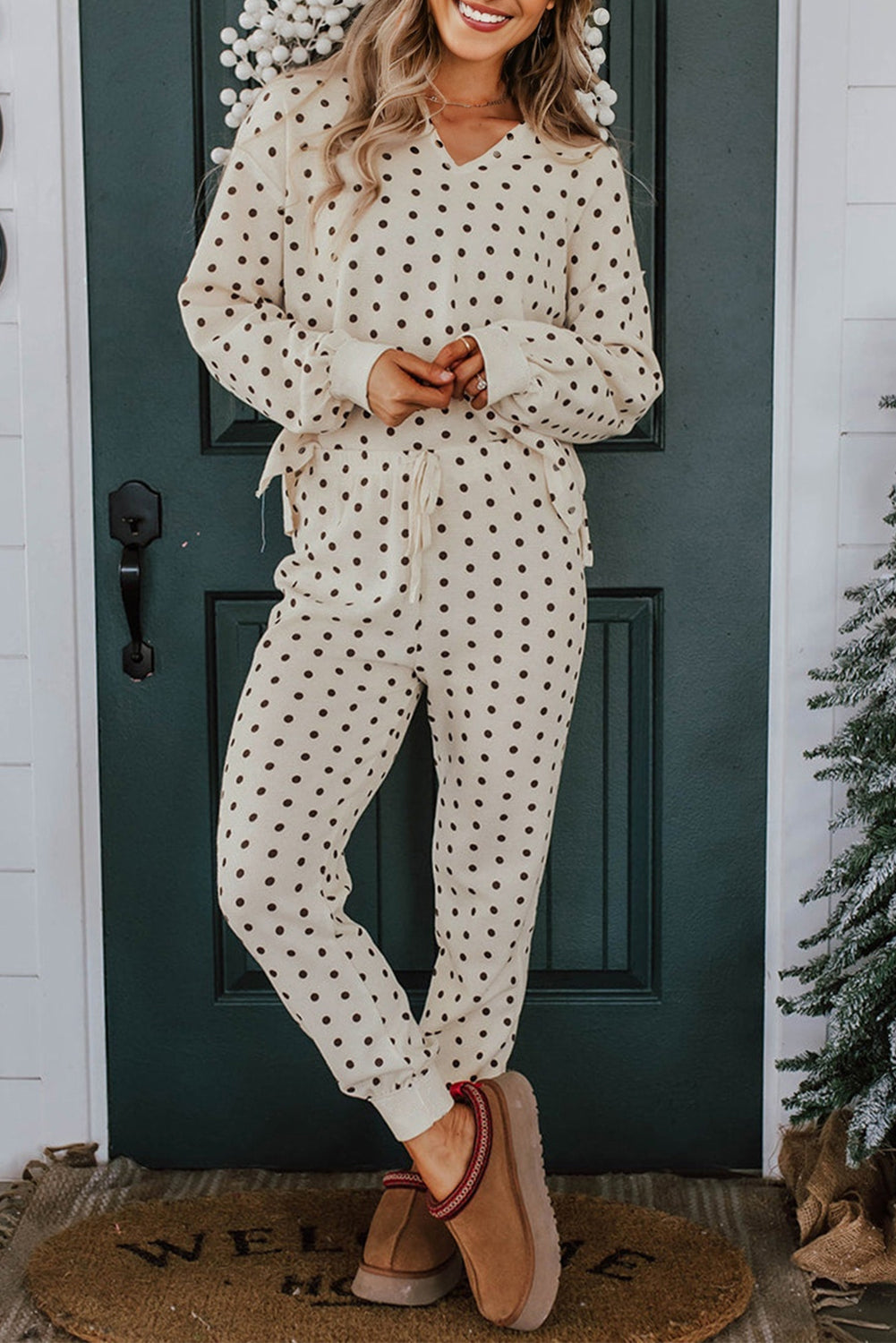 Polka Dot Waffle Knit Top and Pants Lounge Set