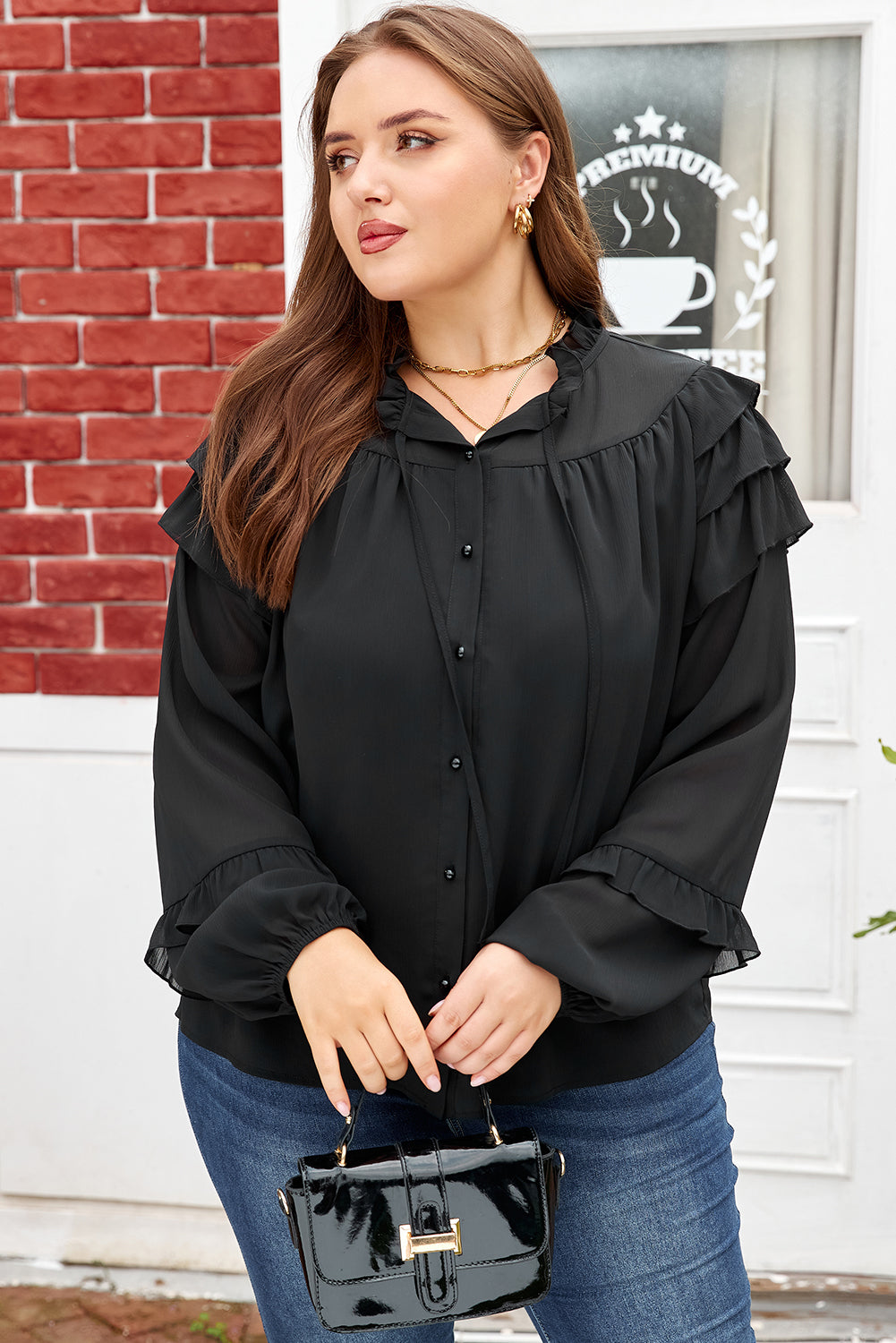 Plus Size Ruffle Balloon Sleeve Chiffon Shirt
