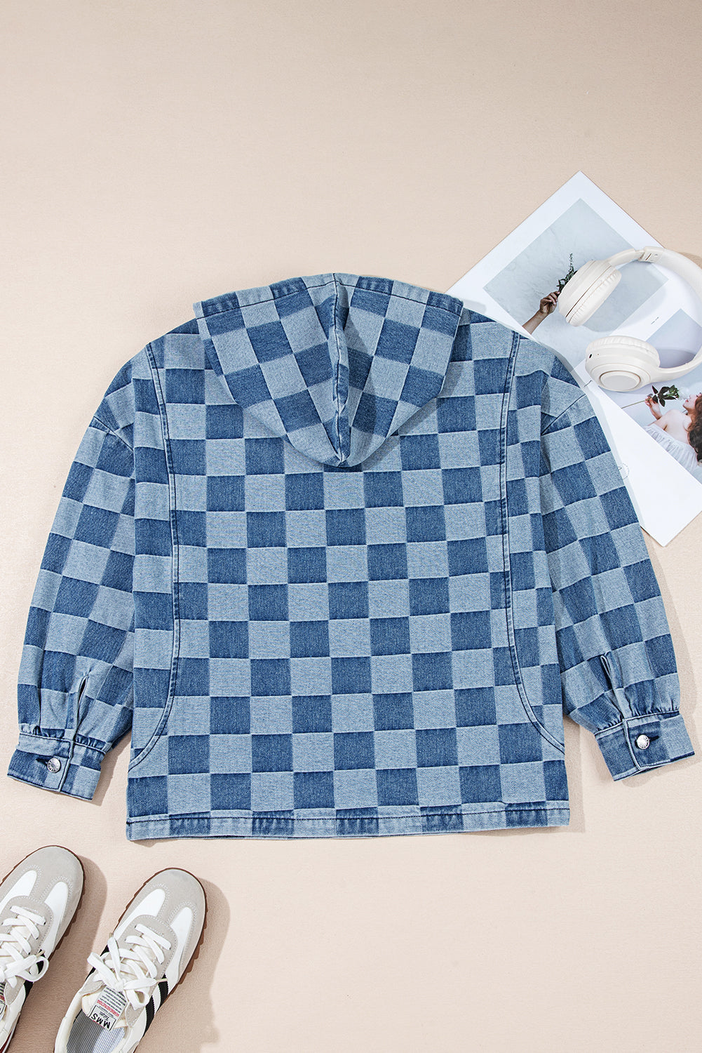 Checker Denim Half-Zip Pocketed Hoodie
