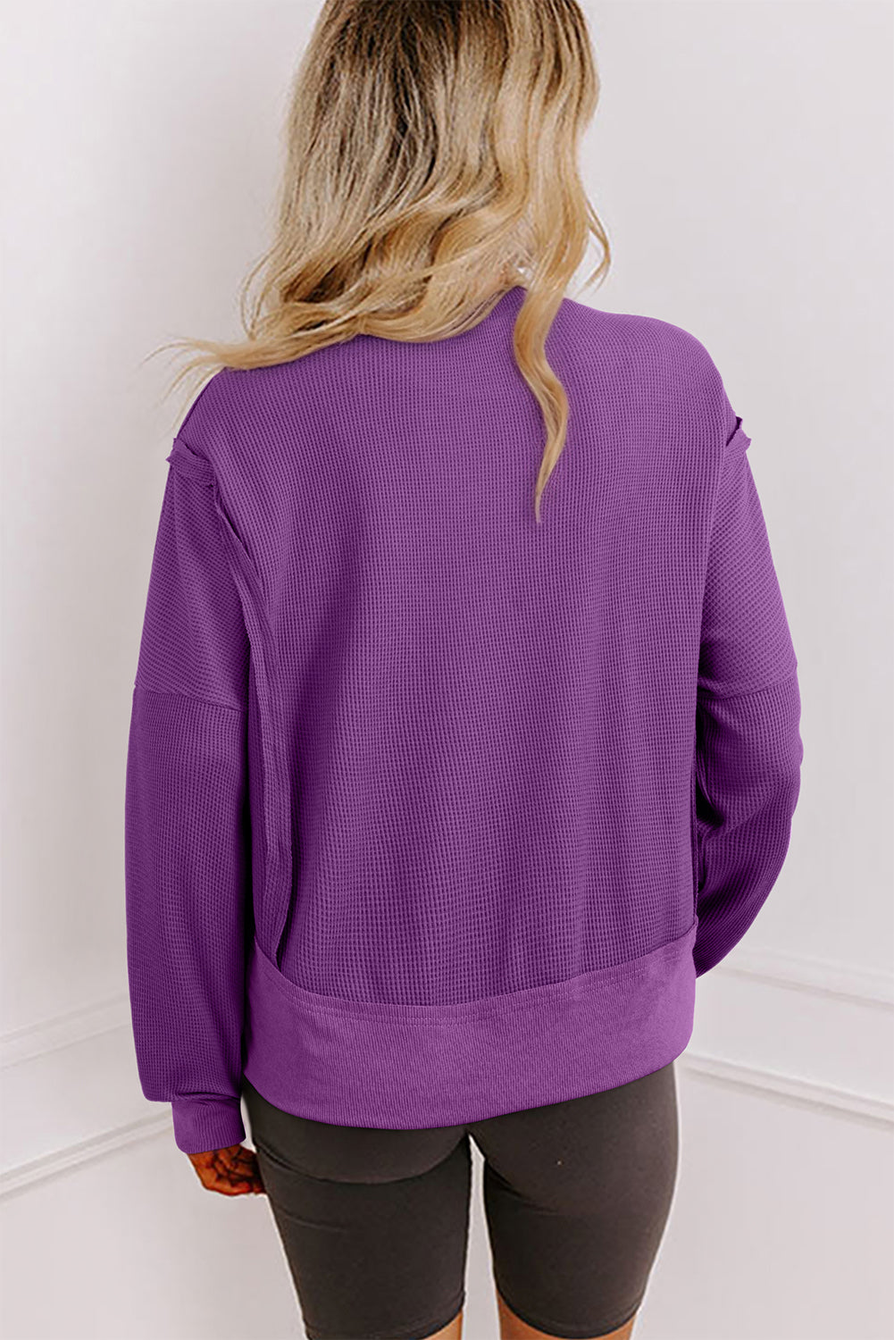 Solid Ribbed Raw Seam Patchwork Drop Shoulder Sweatshirt