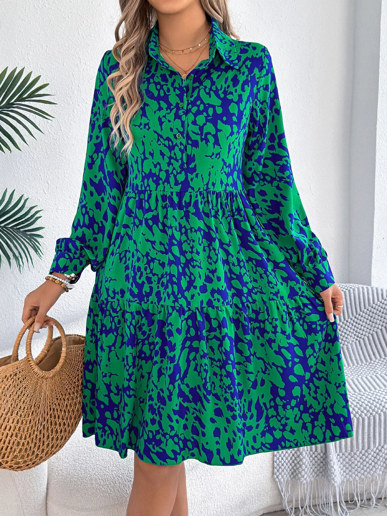 Printed Collared Neck Long Sleeve Dress