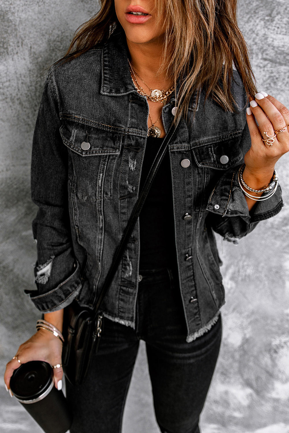 Denim Lapel Distressed Raw Hem Buttoned Jacket