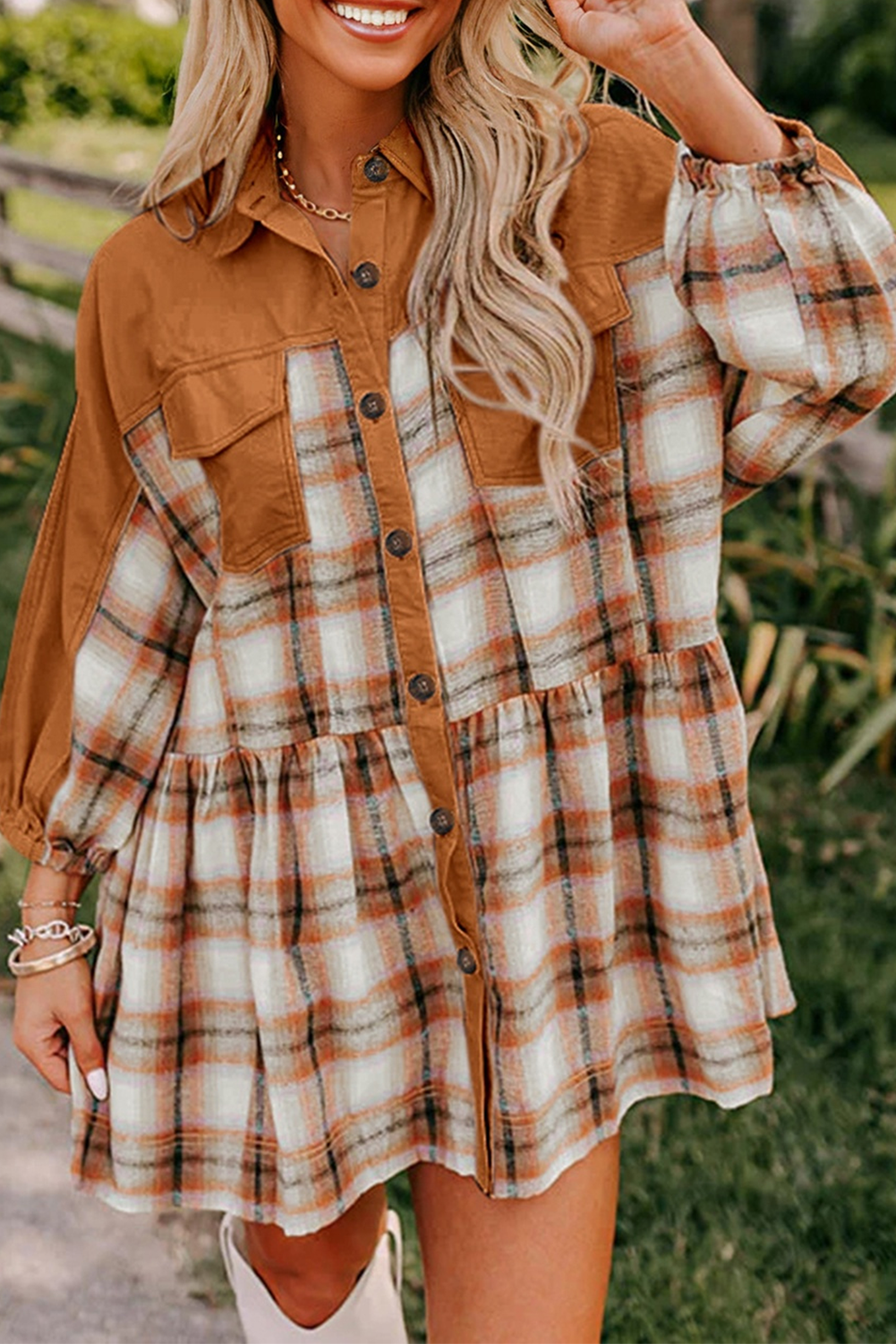 Plaid Patchwork Pocketed Ruffle Hem Shirt Dress