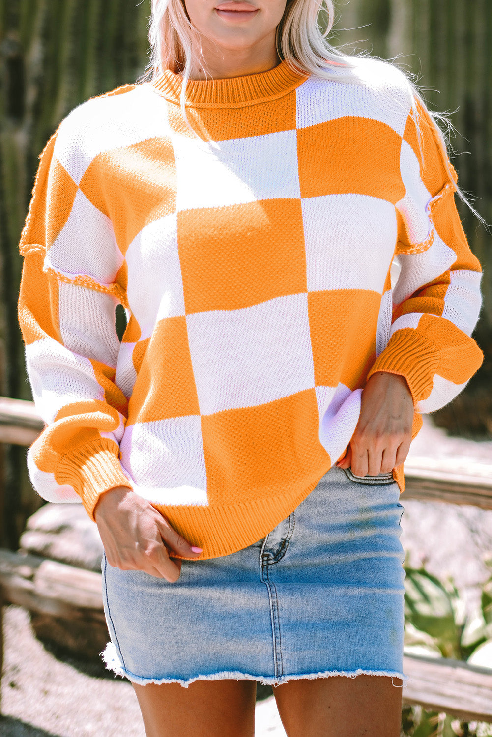 Checker Bishop Sleeve Sweater
