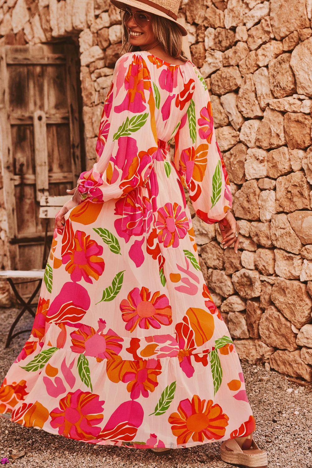 Floral V-Neck Puff Sleeve Maxi Dress