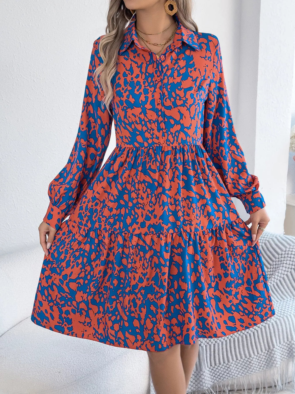 Printed Collared Neck Long Sleeve Dress