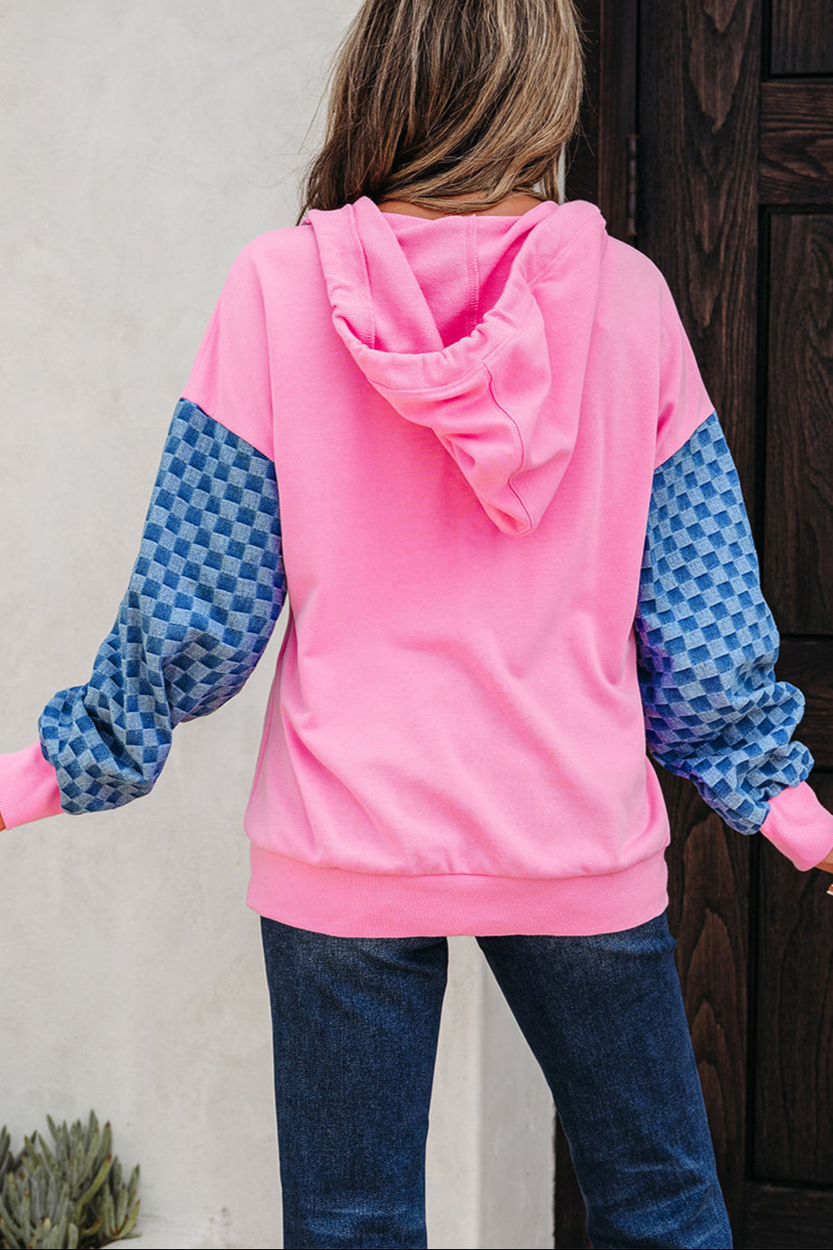 Checker Patchwork Kangaroo Pocket Half-Zip Hoodie