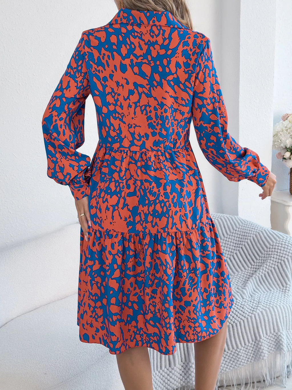 Printed Collared Neck Long Sleeve Dress