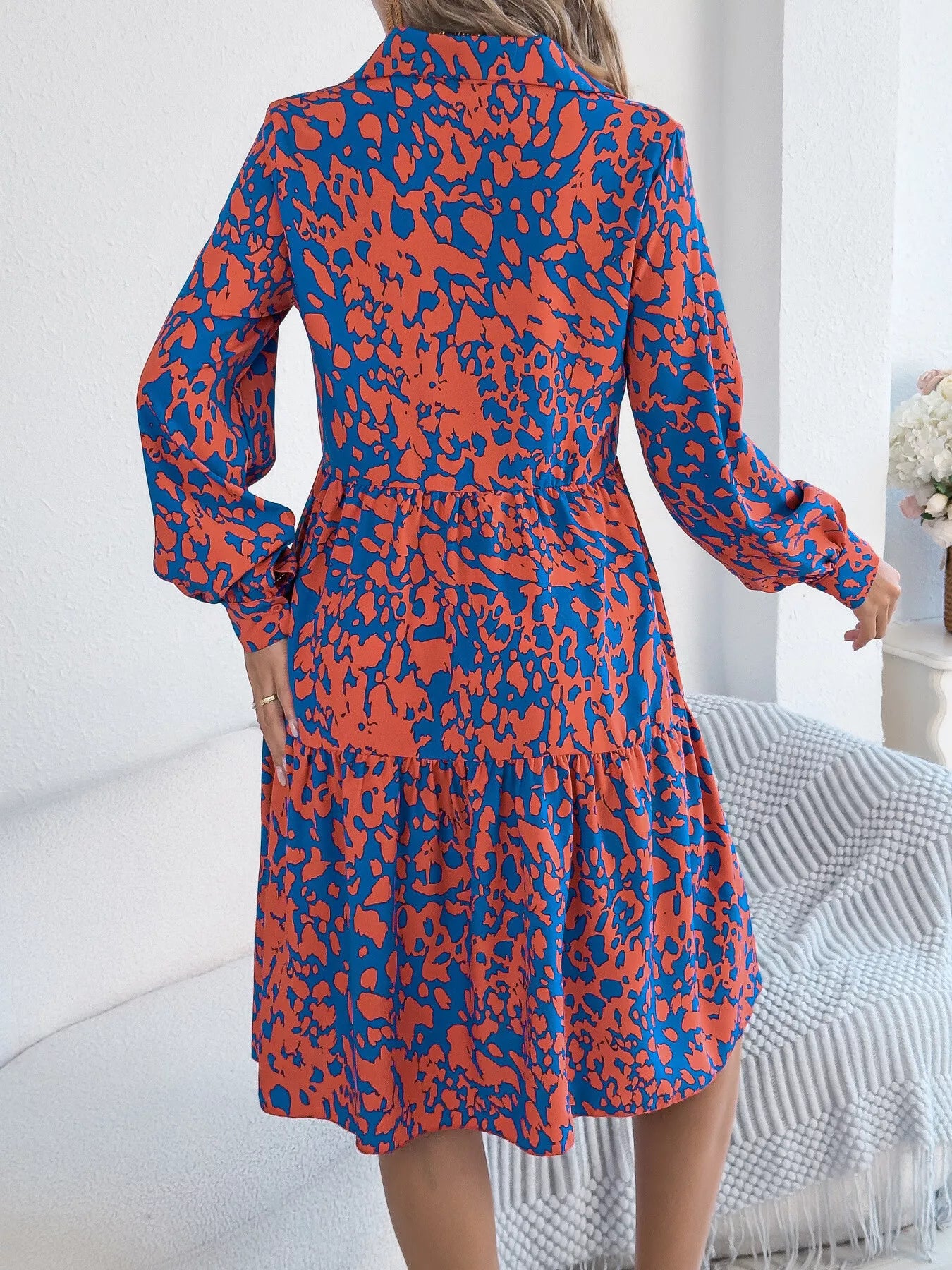 Printed Collared Neck Long Sleeve Dress