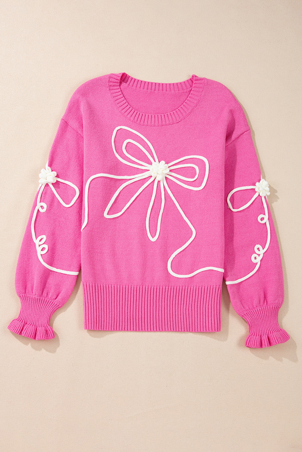 Bow Corded Floral Ribbed Trim Sweater