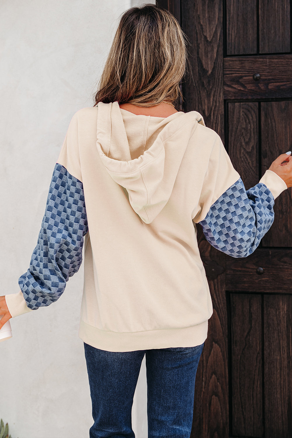 Checker Patchwork Kangaroo Pocket Half-Zip Hoodie