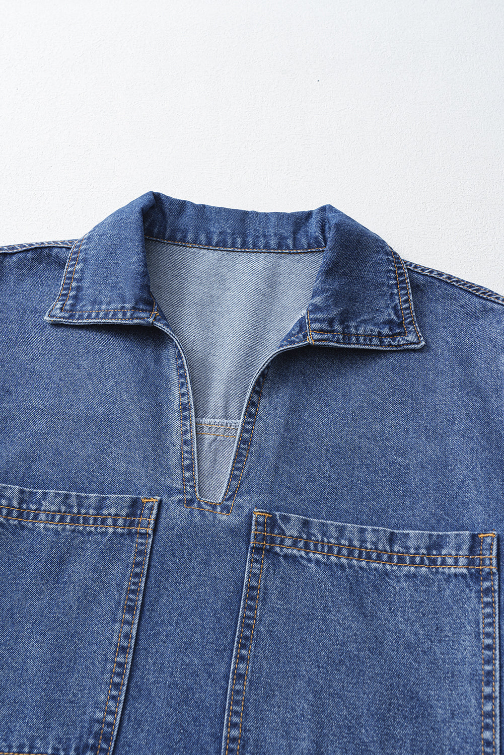 Solid Denim Collared Patch Pocket Mini Dress