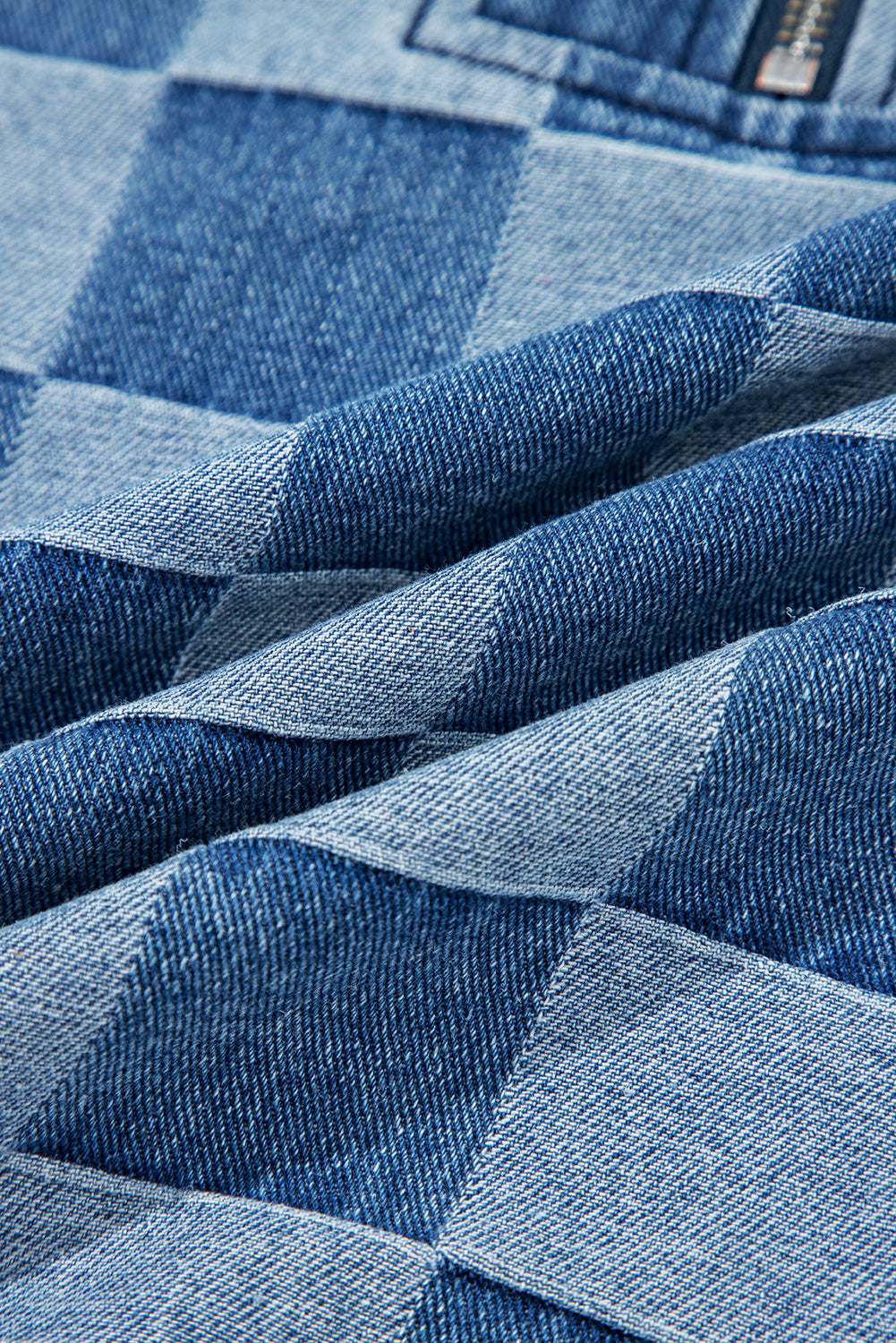 Checker Denim Half-Zip Pocketed Hoodie