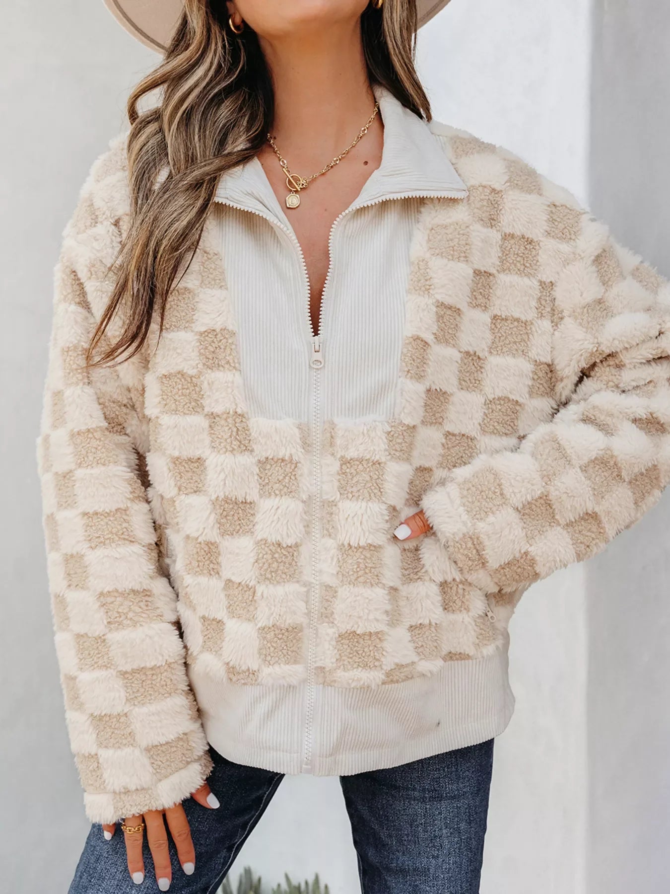 Checker Sherpa Corduroy Patchwork Zip Up Jacket