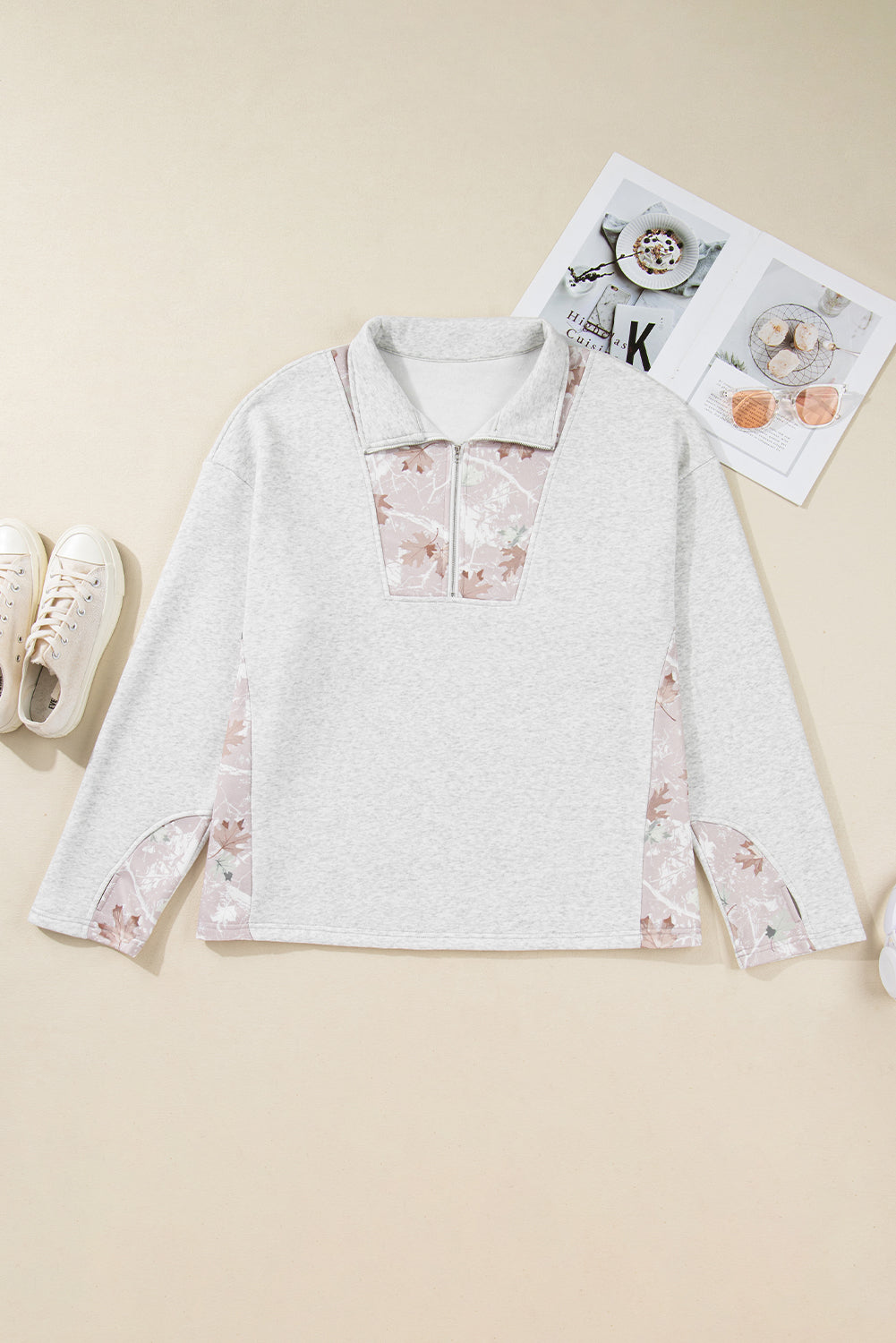 Plus Size Camo Patchwork Zipped Collar Pullover Sweatshirt