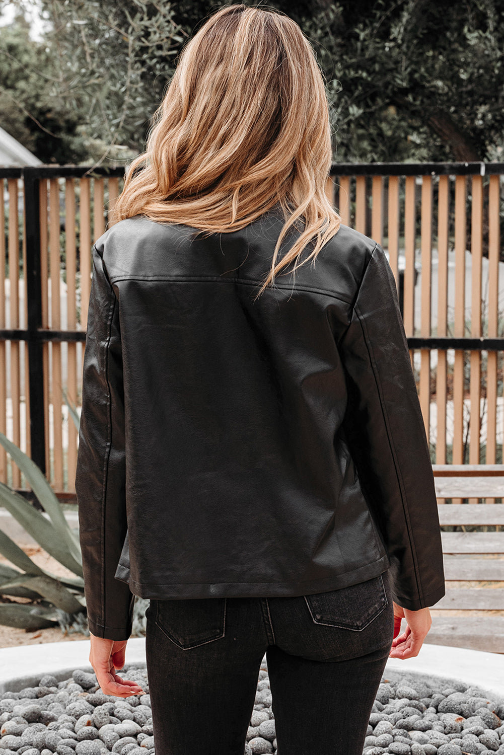 Faux Leather Button-Front Boxy Jacket